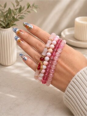 Stacked Pink Beaded Bracelet Set for Women #06